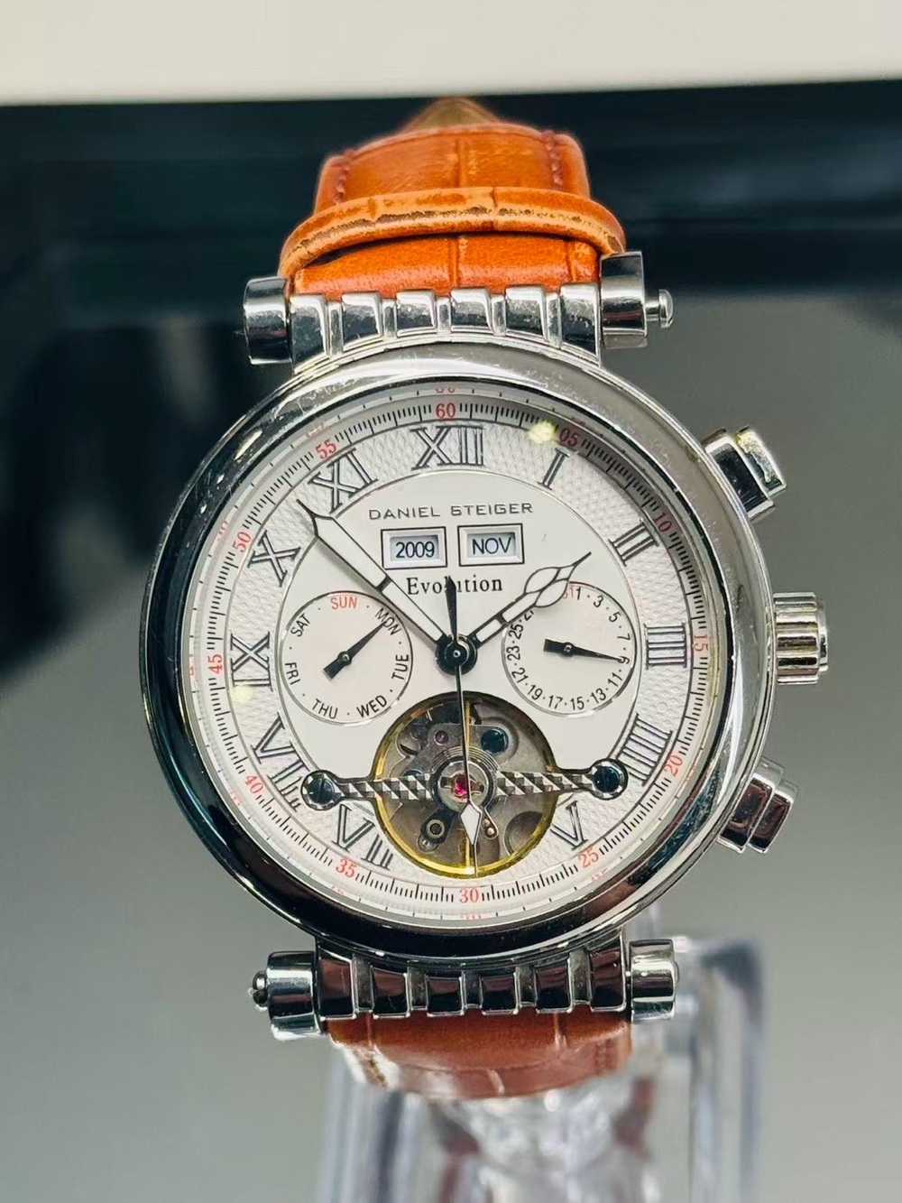 Daniel Steiger Evolution Automatic Skeleton Watch 35 Jewels Leather Strap Runs